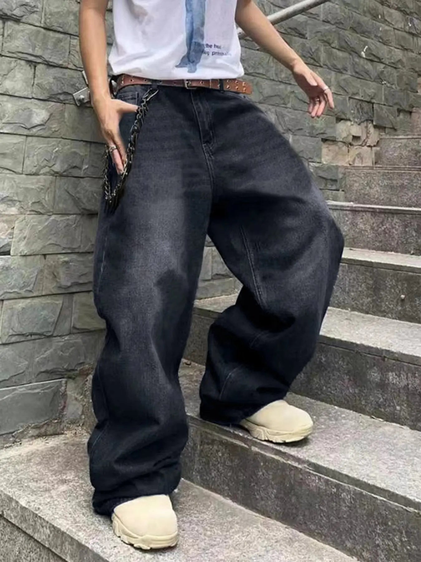 Fashion Men's Vintage Jeans Straight Streetwear Personality Hip Hop Trousers Male Youth Loose Wide Legs Denim Pants