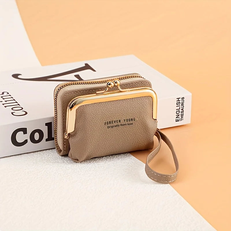 Women'S Elegant Wallet with Wrist Strap & Kiss Button Closure -Golden-Tone Hardware,Zipper Pocket & Card Holder,Wallet for Women