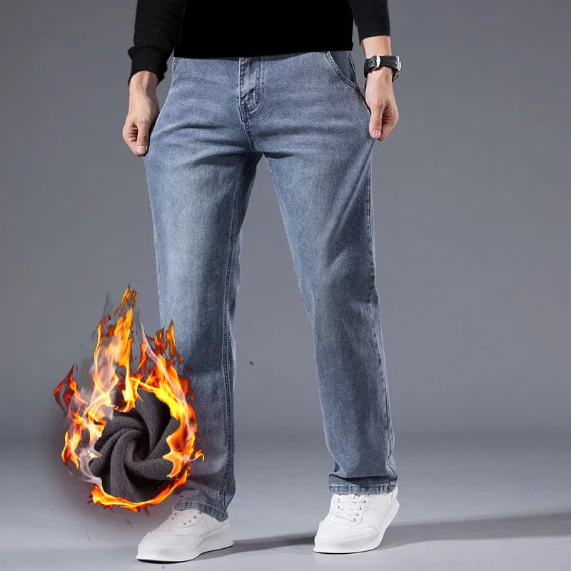 Men's Winter Warm Fleece Lined Thick Stretchable Business Casual Jeans Lightweight Trousers for Office And Daily Wear