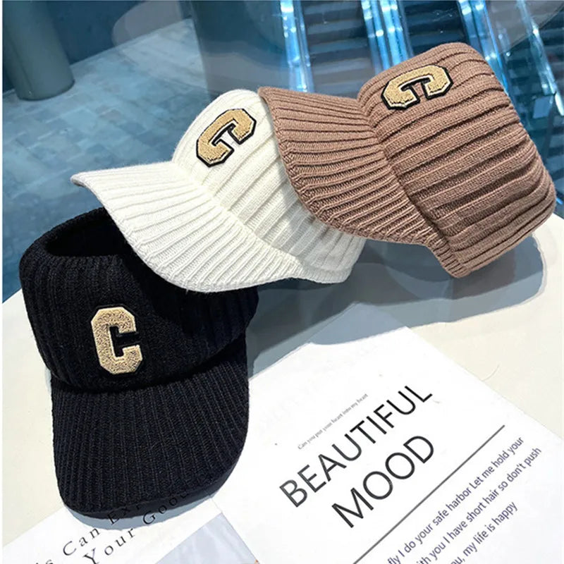 C letter sports hat Unisex winter men solid striped visor hats Outdoor casual knitted hat Crochet topless caps with plush