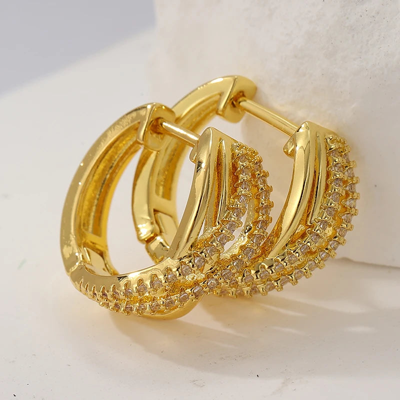 Exquisite Gold Color White CZ Hoops Women's Earrings Metal Hand Carving Cross Pattern Party Daily Wear