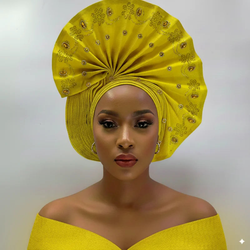 High Quality African Nigeria Gele Elegant Helmet With Stones Headband Turban Head Scarf Head-Hat Auto Gele Brand New Hats 7L1181