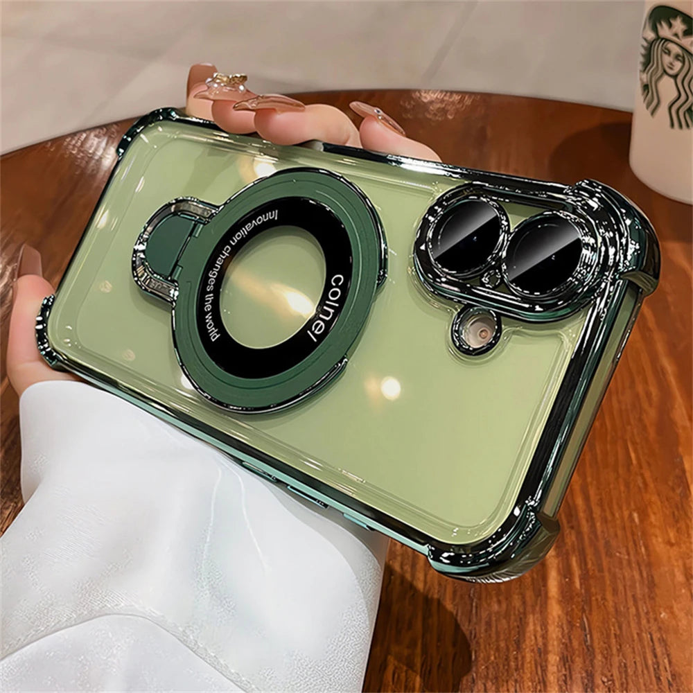 For Magsafe Bracket Clear Plating Phone Cases For iPhone 17 16 15 14 13 12 Pro Max Plus Air Magnetic Ring Stand Holder Cover