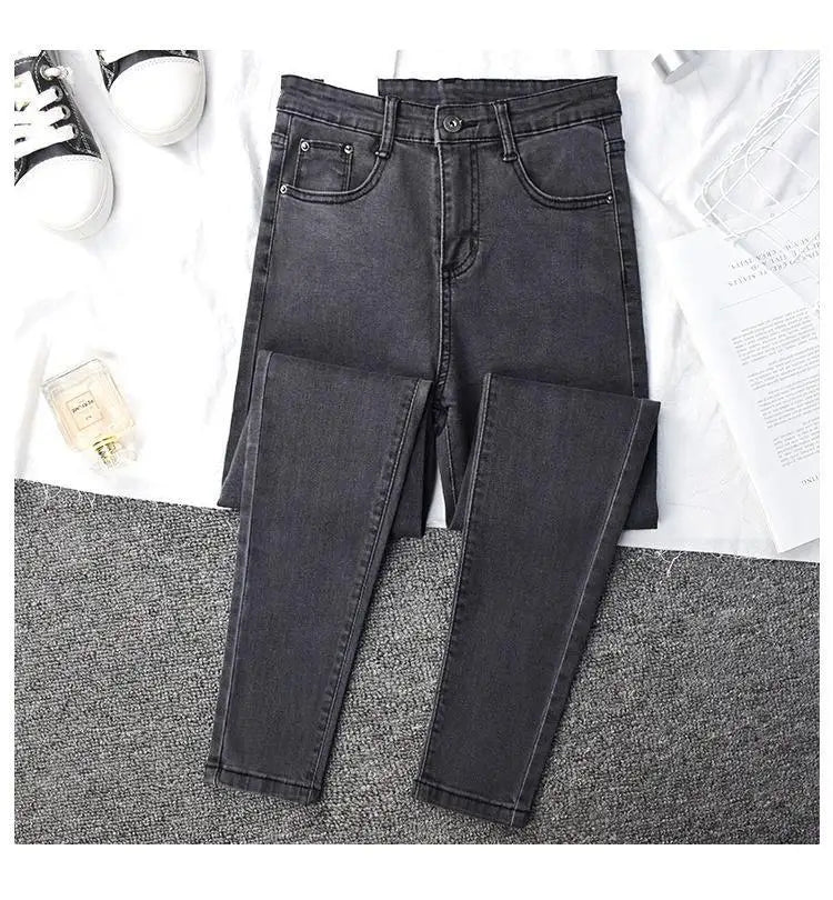 High Waist Slim Fit Jeans Women's Elastic Stretchy Nine Points Pants Spring Autumn Fashionable Casual Straight Leg Trousers