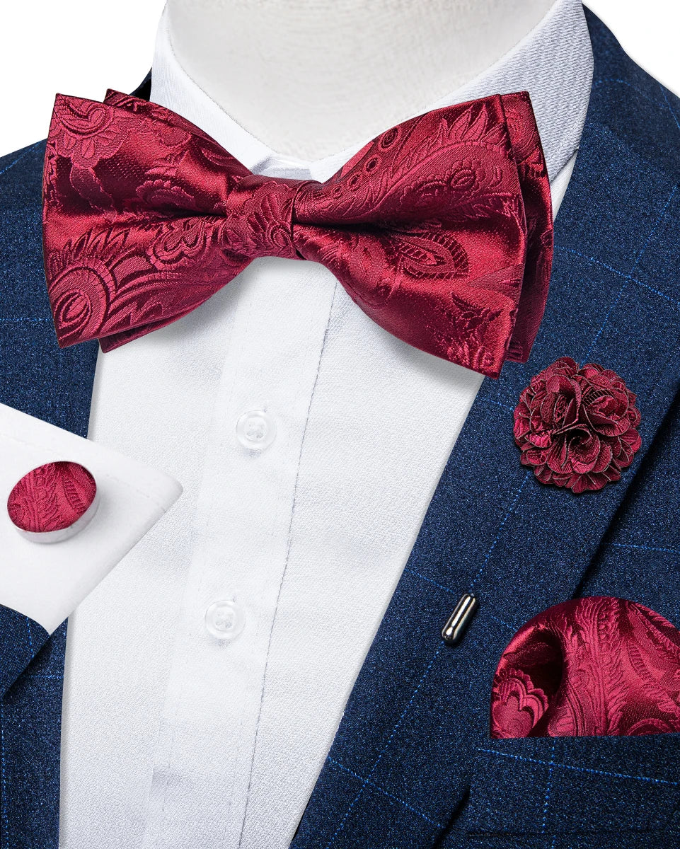 Wedding Bow Tie for Men Classic Red Pre-tied Bowtie Cufflinks Corsage Set for Party Butterfly Knot Gift Man Accessories