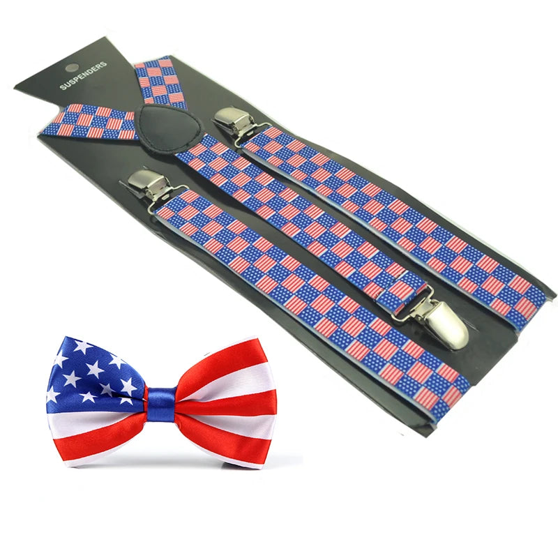 USA American Flag Suspender & Bow Tie Set, Adjustable Elastic Braces with Bowtie for Men Women, Patriotic Outfit for 4th of July