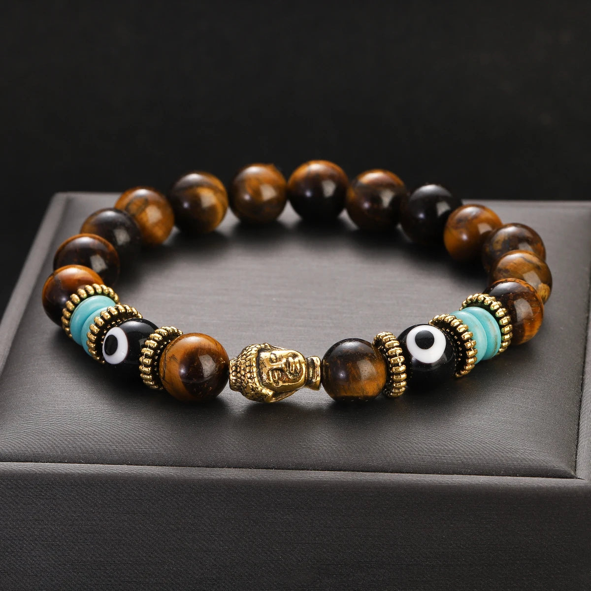 Classic Buddha&Evil Eye Bracelet Women Men 10mm Round Turquoises Blue Stone Bangles Handmade Elastic Yoga Bracelet