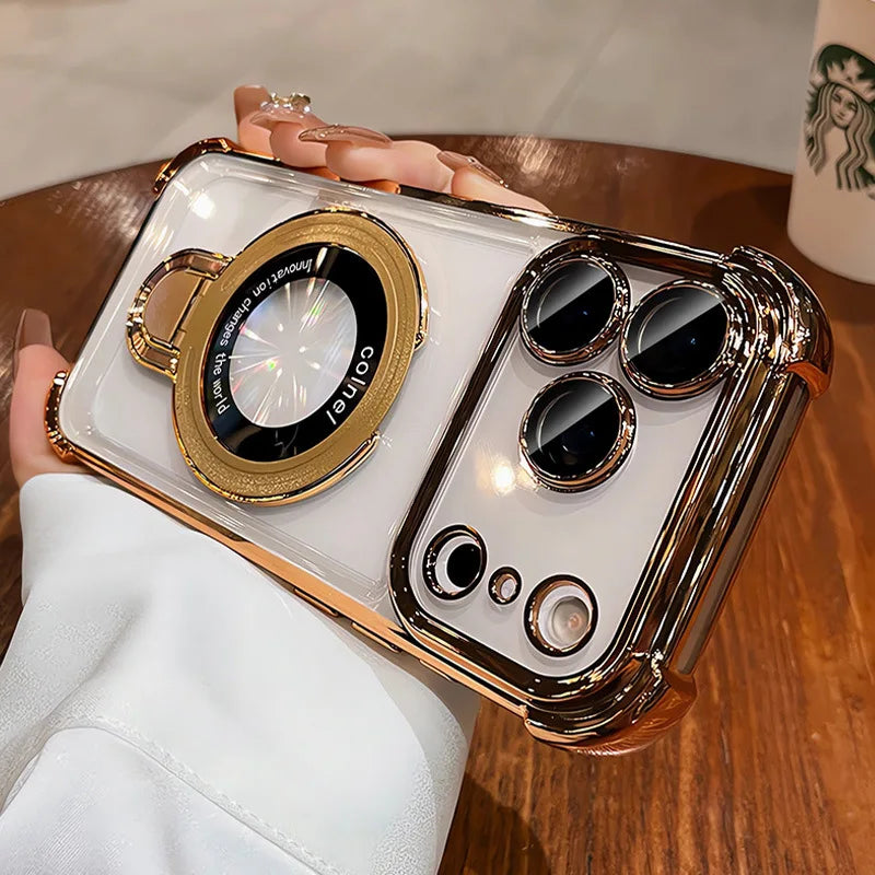 For Magsafe Bracket Clear Plating Phone Cases For iPhone 17 16 15 14 13 12 Pro Max Plus Air Magnetic Ring Stand Holder Cover