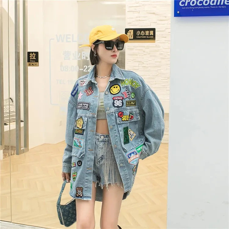 Fashion Embroidery Patches Denim Jacket Coat Women Harajuku Streetwear Hip Hop Trend Loose Jean Jackets Outerwear