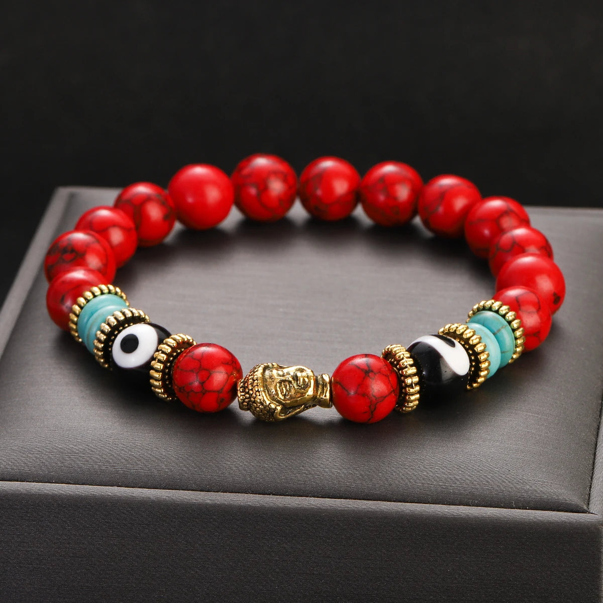 Classic Buddha&Evil Eye Bracelet Women Men 10mm Round Turquoises Blue Stone Bangles Handmade Elastic Yoga Bracelet