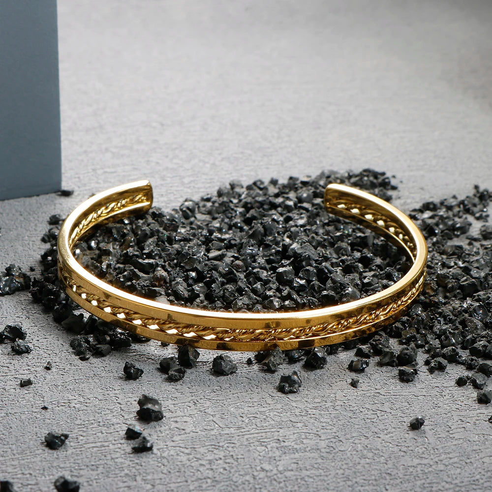 Beads Punk Gold Plated Thick Textured Open Bracelet Bangle for Women Men Trendy Stainless Steel Metal Bracelets