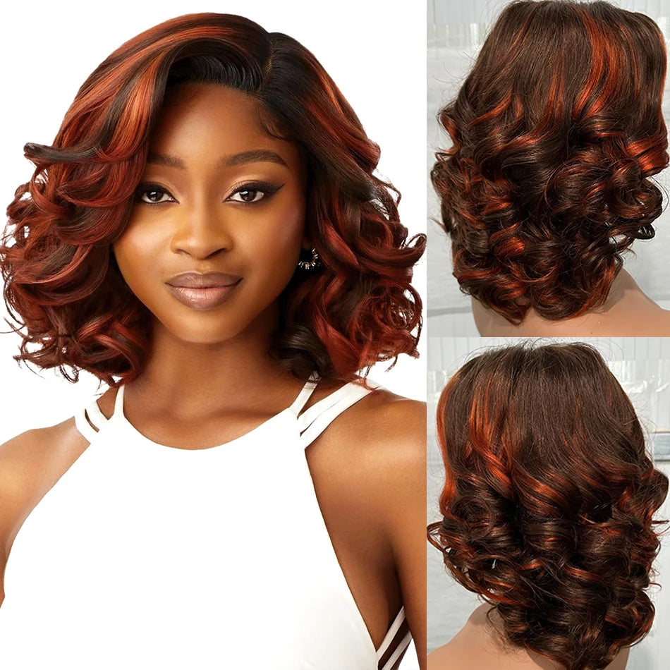 100% Human Hair Wig Highlight Bob Bouncy Loose Curly 12" 250% Density 5x5 HD Lace Closure Glueless Wigs Human Hair Ready To Wear