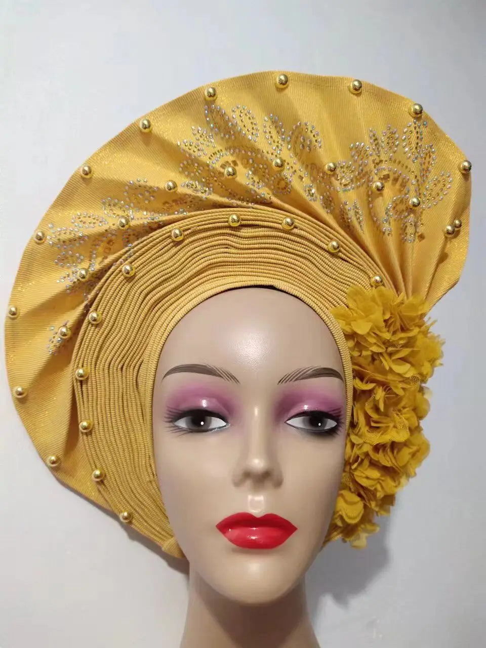 Hot Sale Nigerian Gele Headtie Aso Oke Gele Already Made Auto Gele Aso Turban Women Headwrap Nigerian Hairtie Femme Hats 1Set