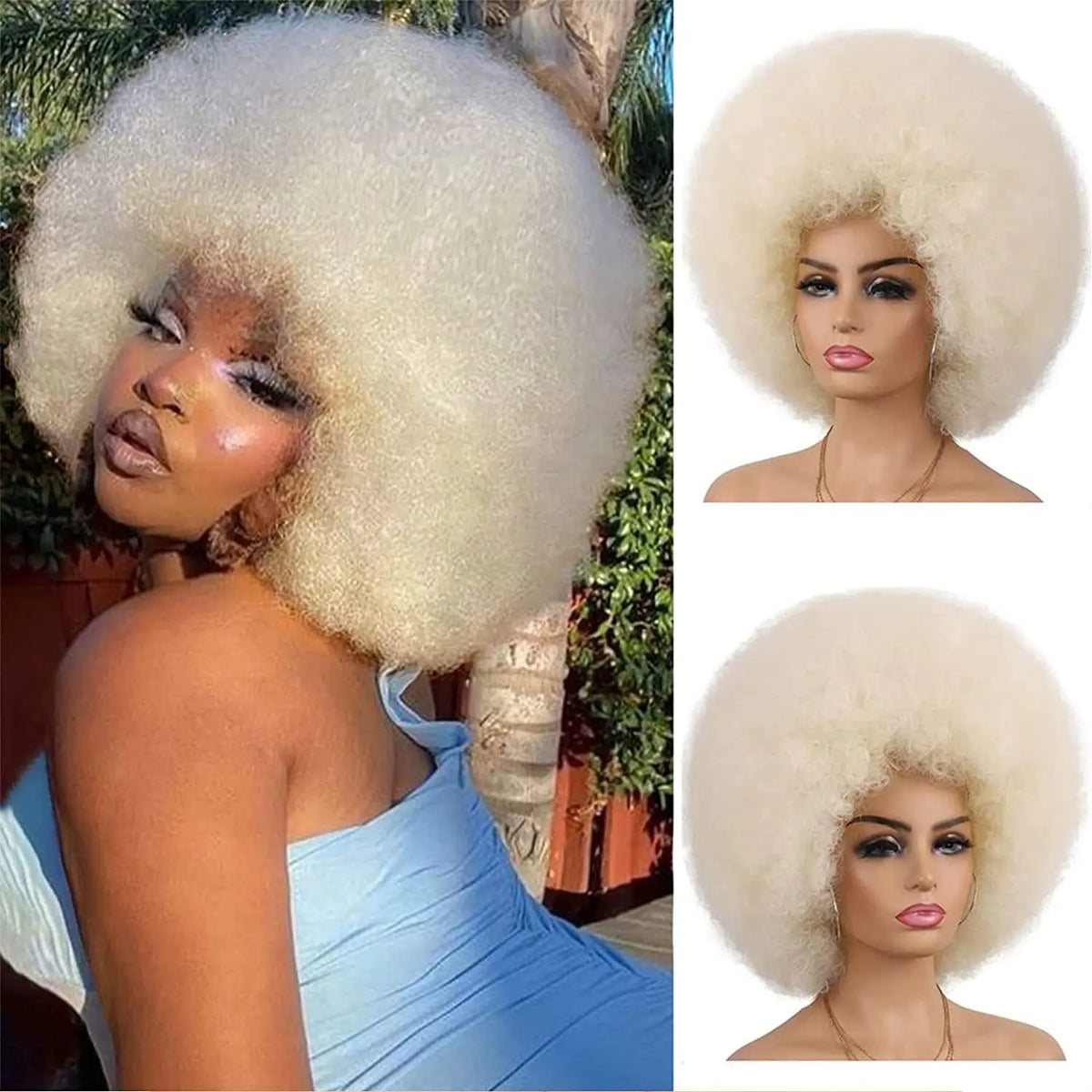 Synthetic Hair Afro Kinky Curly Blonde Wig For Women Mix Brown 70s Machine Made Huge With Bangs Short Bouncy For Daily Party Use