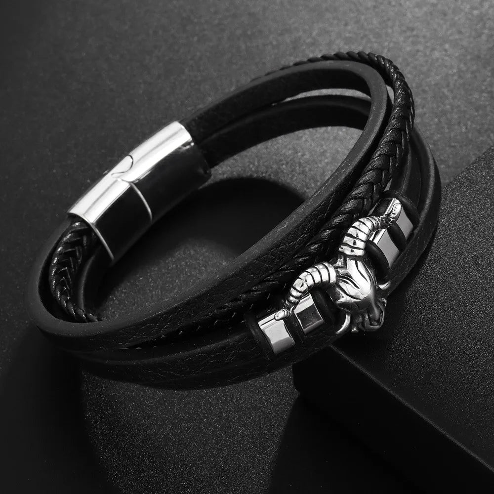 New Vintage Leather Woven Rope Bracelet Titanium Steel Sheep's Head Magnetic Buckle Men's Bracelet Fashion Jewelry Wholesale