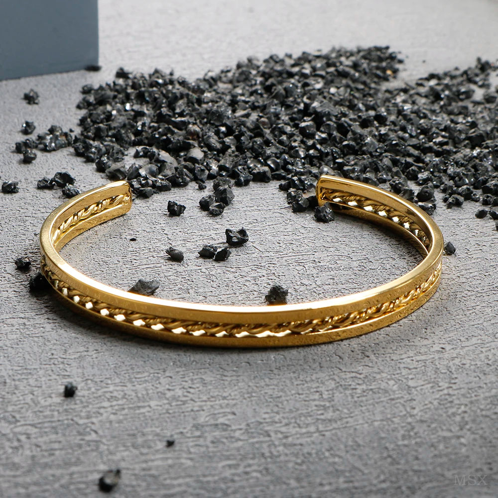 Beads Punk Gold Plated Thick Textured Open Bracelet Bangle for Women Men Trendy Stainless Steel Metal Bracelets
