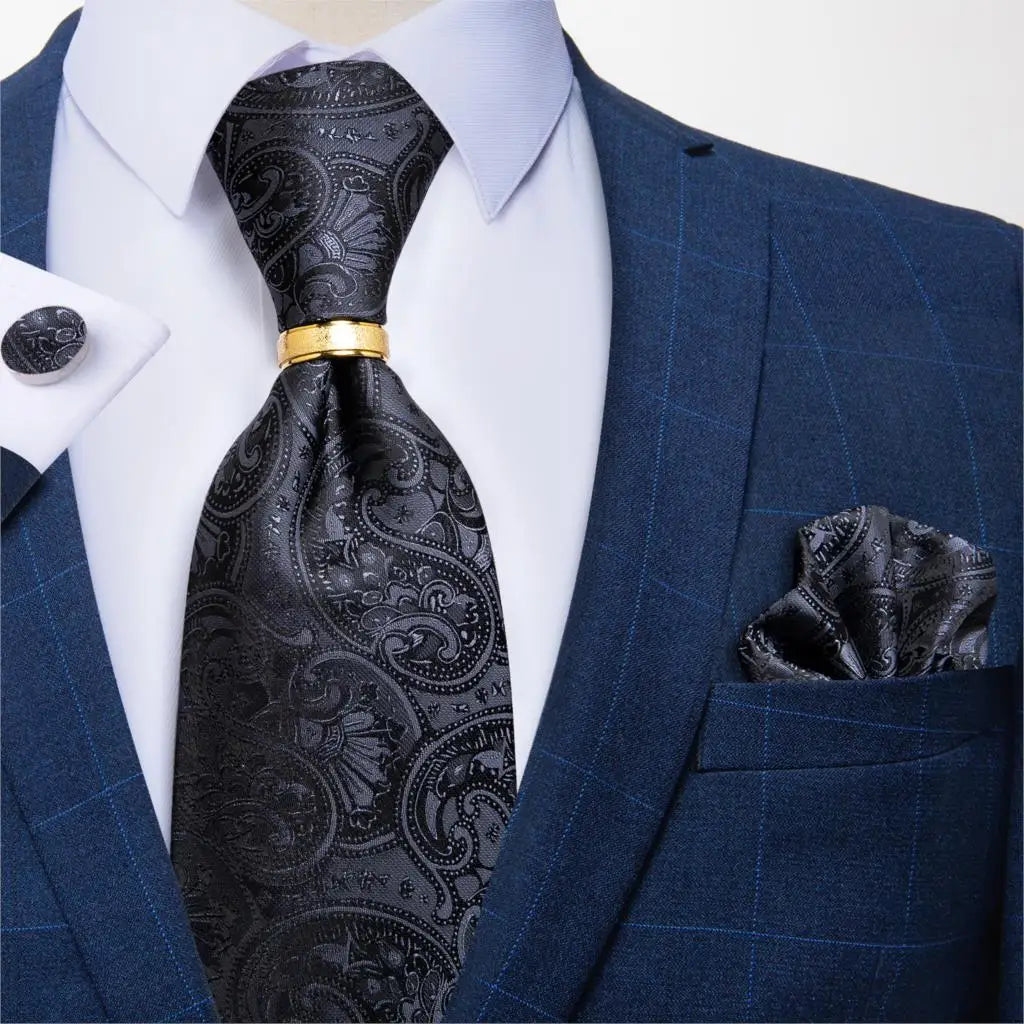 Men's Tie Handkerchief Cuffink Necktie Set Jacquard Woven Silk Blue Wedding Formal Business Party Necktie Ring Set DiBanGu