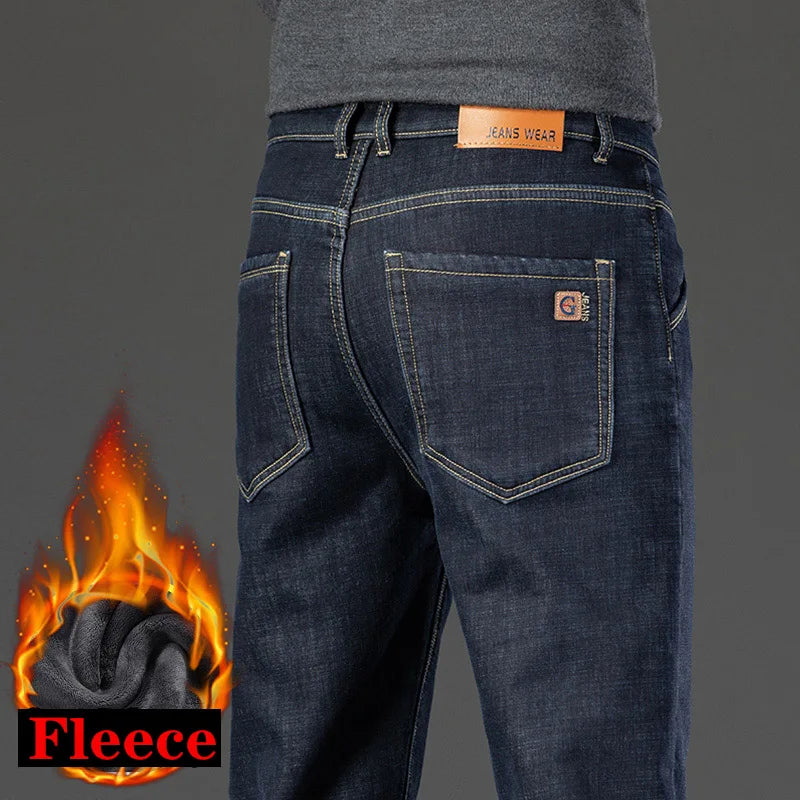 High Quality Men Fleece Jeans Business Casual Slim Straight Denim Trousers Autumn Winter New Plus Size Thickened Warm Men Pants