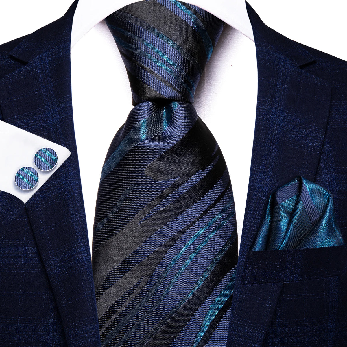 Hi-Tie Burgundy Blue Striped Men Elegant Necktie Handkerchief Cufflinks for Tuxedo Fashion Classic Silk Luxury Tie for Man
