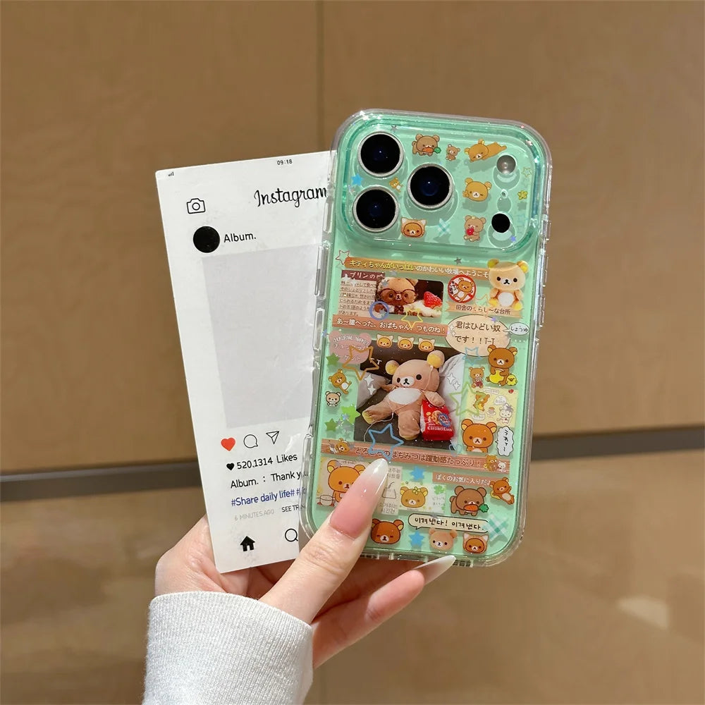 Kawaii Rilakkuma Cartoon Phone Case for iPhone 17 16 15 Pro16 Max 17 Pro Max Cover Cute Shockproof Funda Capa With Charm Cases
