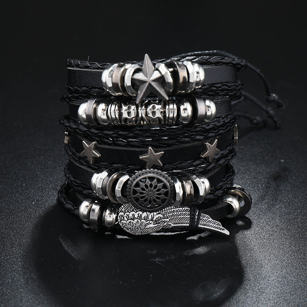 5Pcs/ Set Braided Wrap Leather Bracelets for Men Vintage Life Tree Rudder Charm Wood Beads Ethnic Tribal Wristband Rope Bracelet