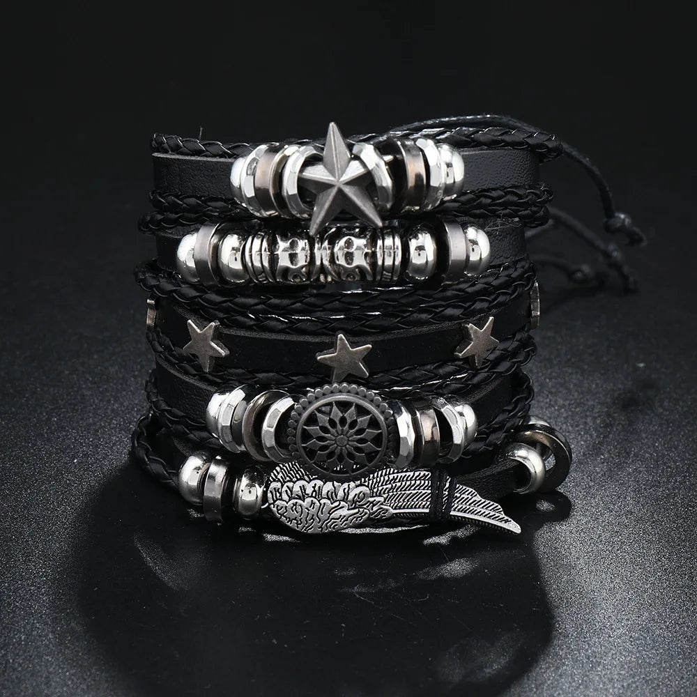 5Pcs/ Set Braided Wrap Leather Bracelets for Men Vintage Life Tree Rudder Charm Wood Beads Ethnic Tribal Wristband Rope Bracelet