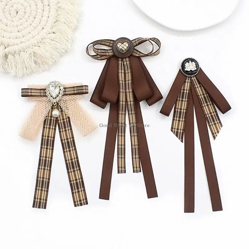 Retro Brown Plaids Bowtie Brooch Pin Uniform Ribbon Bowknot Jabot Collar Necktie