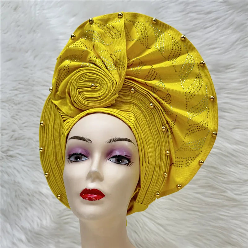 High Quality African Nigeria Gele Elegant Helmet With Stones Headband Turban Head Scarf Head-Hat Auto Gele Brand New Hats 7L1181