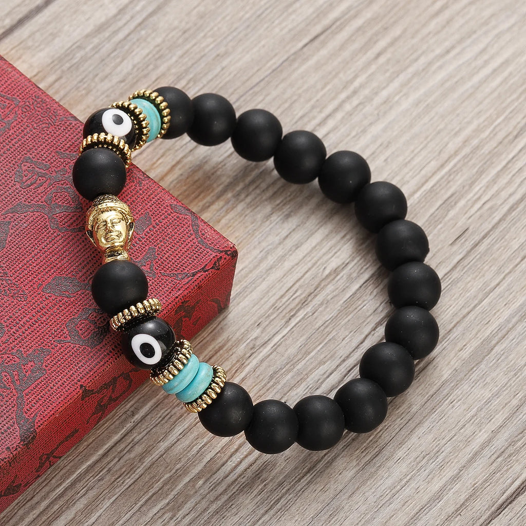 Classic Buddha&Evil Eye Bracelet Women Men 10mm Round Turquoises Blue Stone Bangles Handmade Elastic Yoga Bracelet