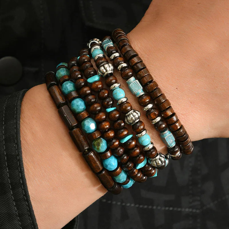 Bohemian Multilayer Bracelet Set Wood Beaded Turquoise Accent Retro Ethnic Charm Wristband Stackable Hand Jewelry for Men Women