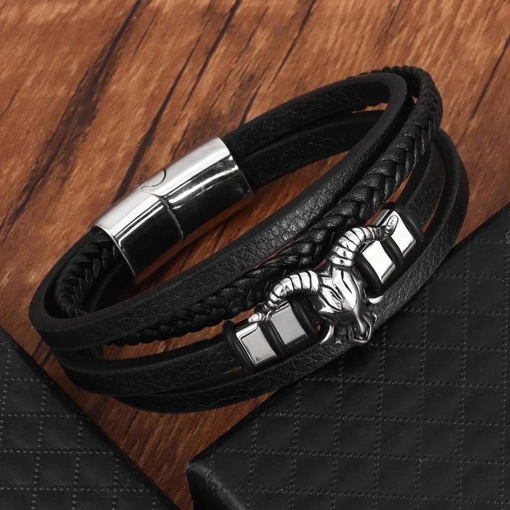 New Vintage Leather Woven Rope Bracelet Titanium Steel Sheep's Head Magnetic Buckle Men's Bracelet Fashion Jewelry Wholesale