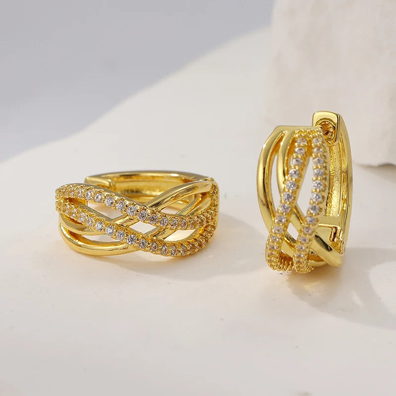 Exquisite Gold Color White CZ Hoops Women's Earrings Metal Hand Carving Cross Pattern Party Daily Wear