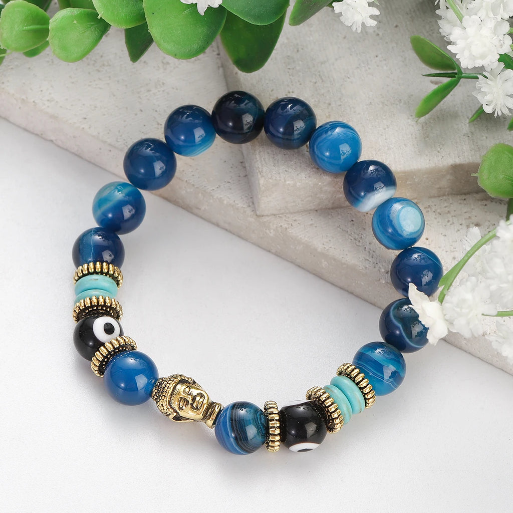 Classic Buddha&Evil Eye Bracelet Women Men 10mm Round Turquoises Blue Stone Bangles Handmade Elastic Yoga Bracelet
