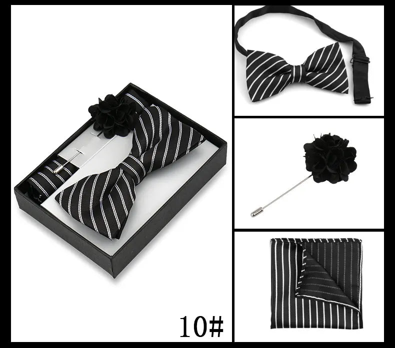 Classic High Quality Bow Tie Set Box Gift For Men Fashion Elegant Bowtie Handchief And Brooch Set Wedding Business Accessories