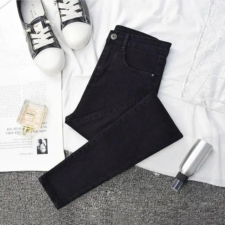 High Waist Slim Fit Jeans Women's Elastic Stretchy Nine Points Pants Spring Autumn Fashionable Casual Straight Leg Trousers