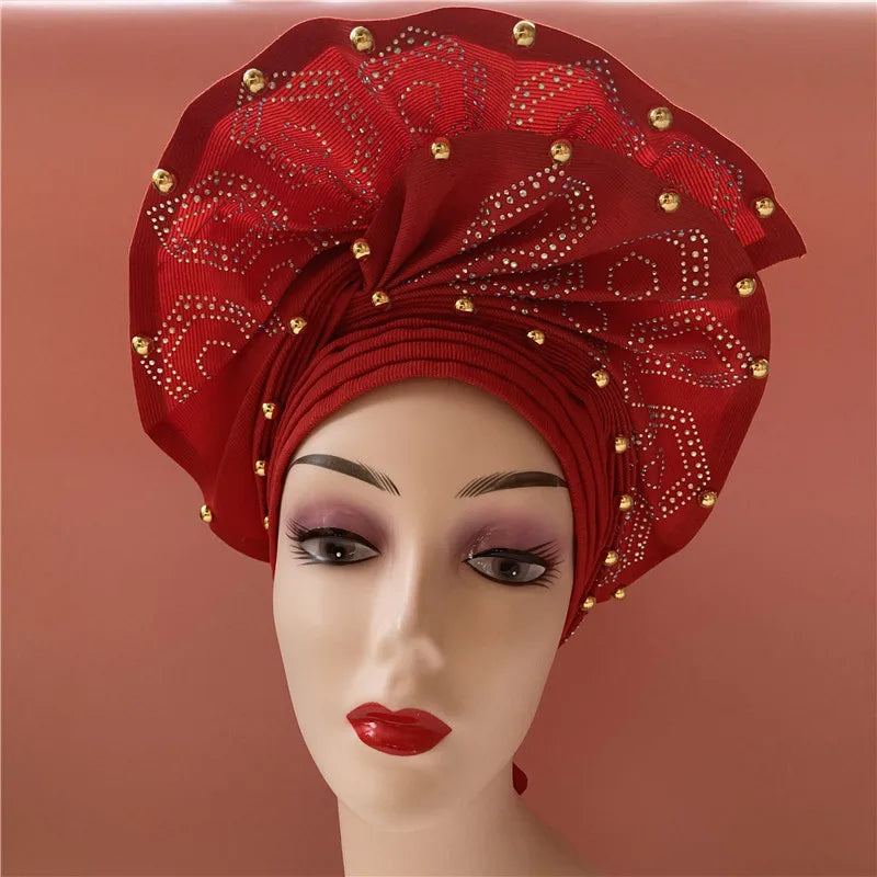 High Quality African Nigeria Gele Elegant Helmet With Stones Headband Turban Head Scarf Head-Hat Auto Gele Brand New Hats 7L5191