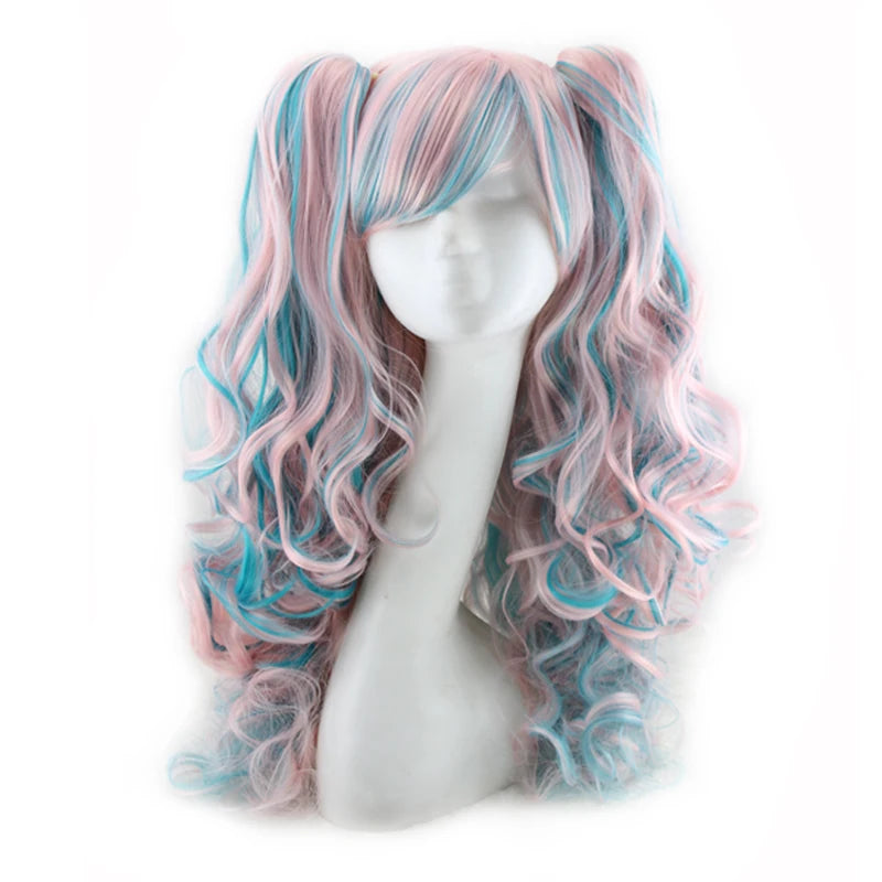 Long Synthetic Hair Wig with Bangs Cosplay Wavy Costume for Women Two Claw Clip Ponytail Available in Pink Red Blue Black White