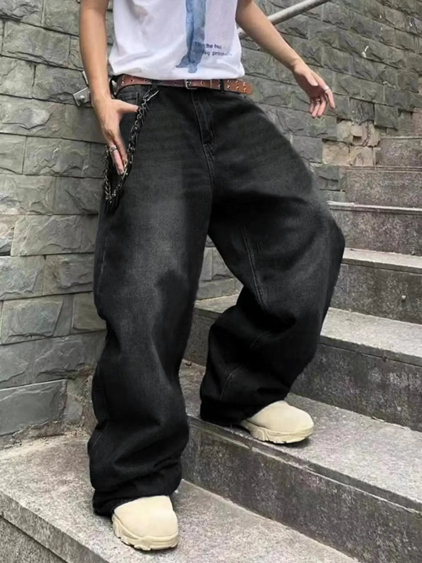Fashion Men's Vintage Jeans Straight Streetwear Personality Hip Hop Trousers Male Youth Loose Wide Legs Denim Pants