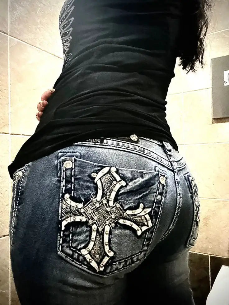 Harajuku Retro High Quality Boot Cut Jeans Women Y2K New Gothic Blue Denim Embroidery Hip Hop Cross Pocket Wide Pants Streetwear
