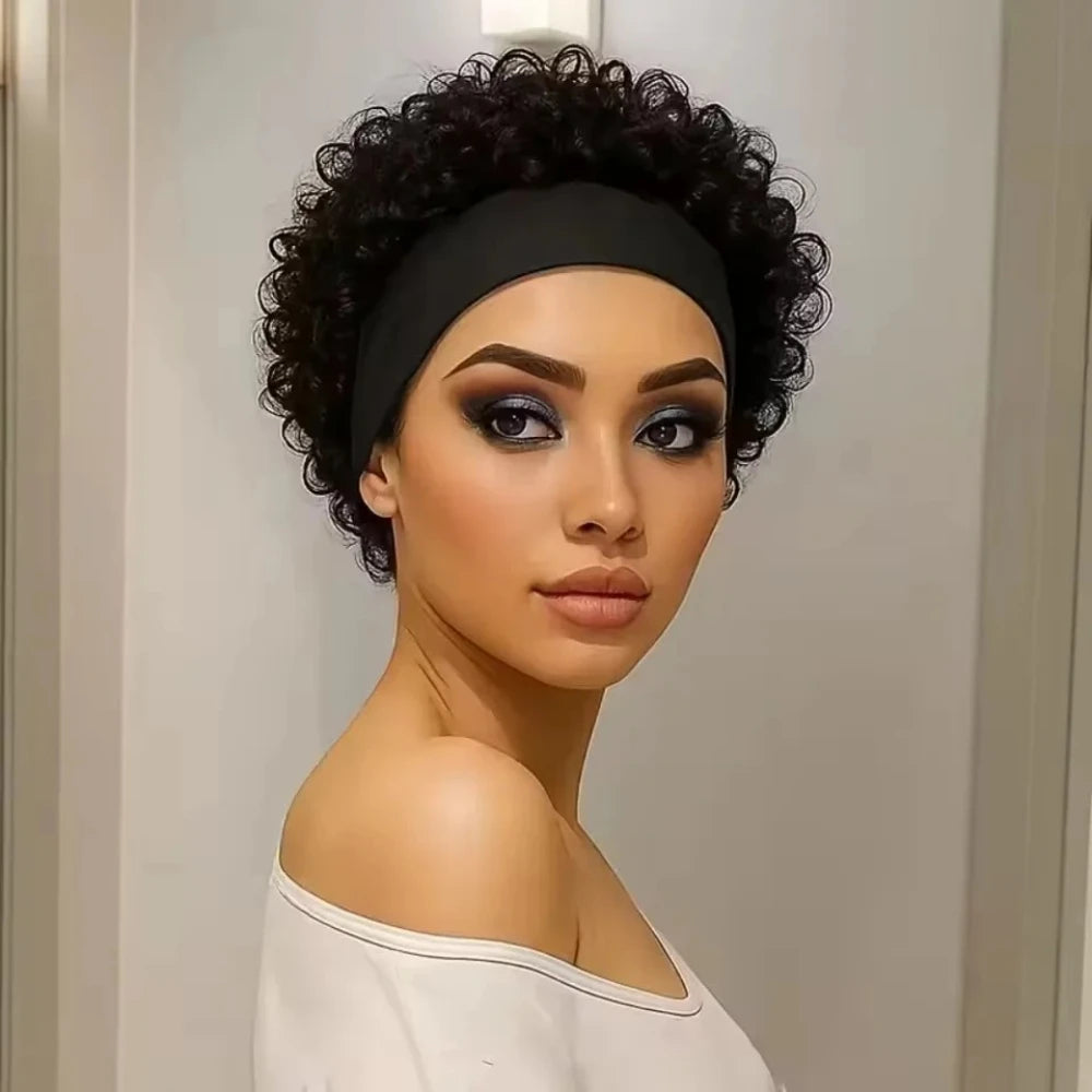 Water Wave Headband Wig Human Hair Wigs Curly Bob For Women Real Hair Pixie Cut Wig Machine Made Cap Hair