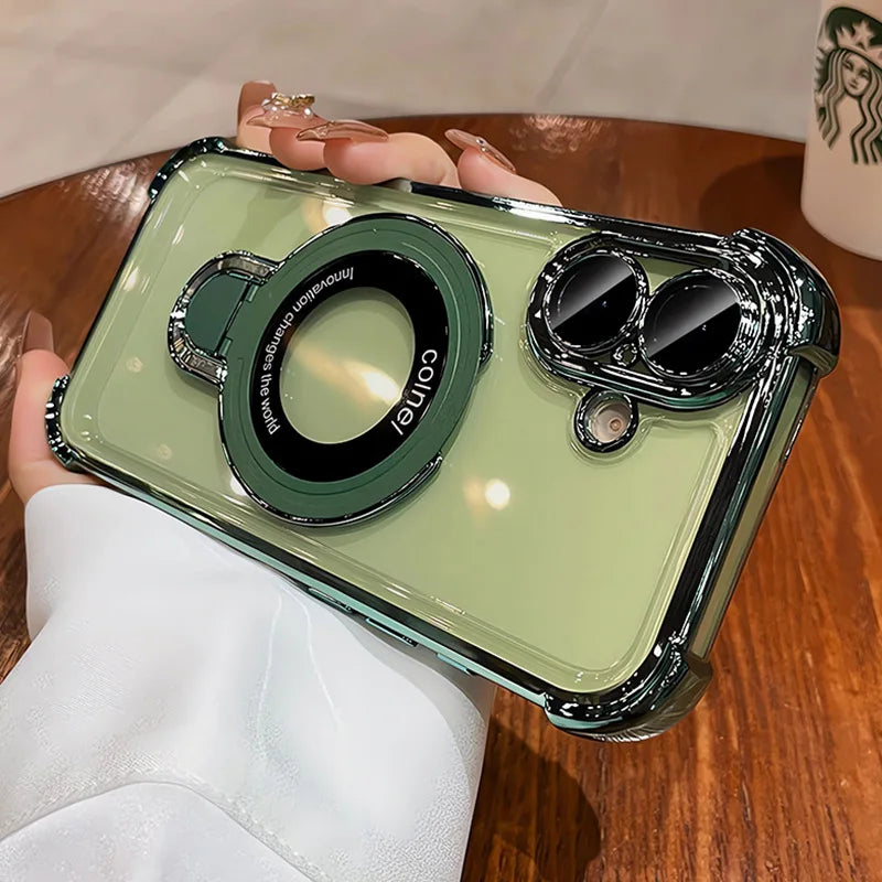 For Magsafe Bracket Clear Plating Phone Cases For iPhone 17 16 15 14 13 12 Pro Max Plus Air Magnetic Ring Stand Holder Cover