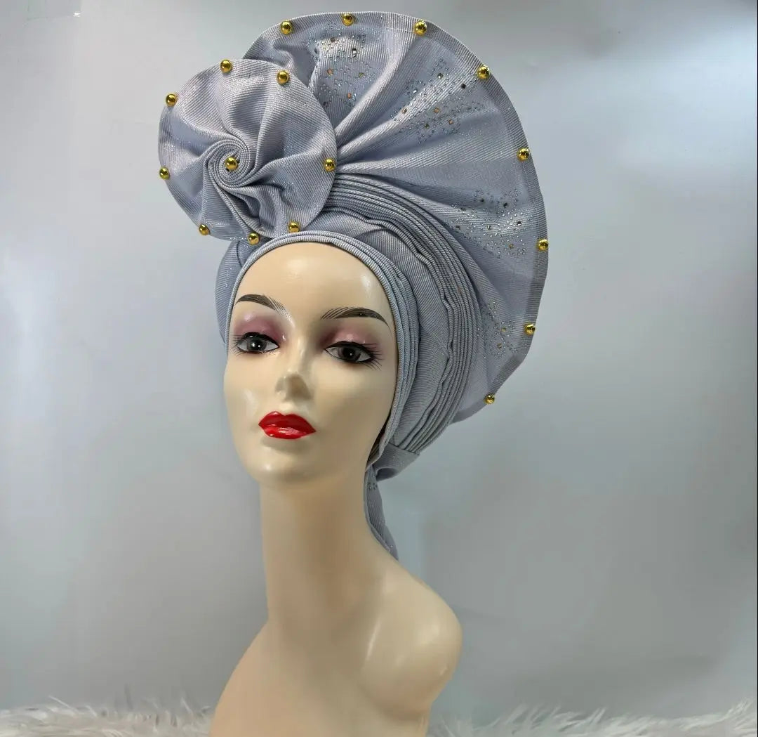 High Quality African Nigeria Gele Elegant Helmet With Stones Headband Turban Head Scarf Head-Hat Auto Gele Brand New Hats 7L631