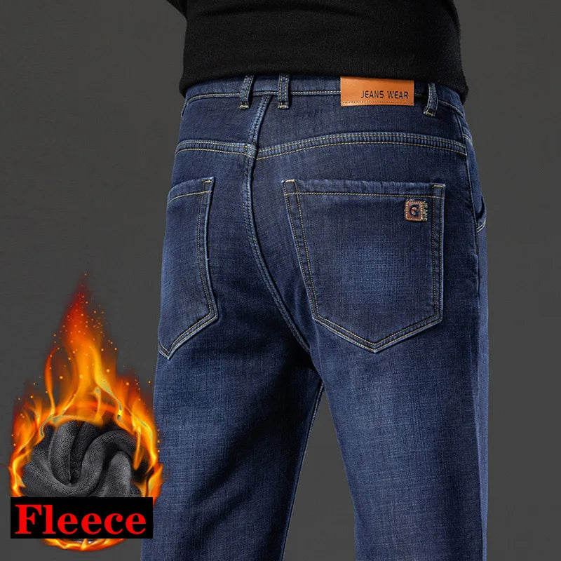 High Quality Men Fleece Jeans Business Casual Slim Straight Denim Trousers Autumn Winter New Plus Size Thickened Warm Men Pants