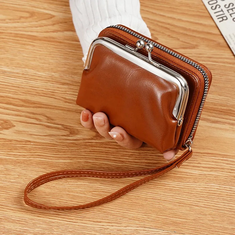 Women's Wallet Fashionableand Minimalist Wrist Strap Short Zero Wallet RetroVersatile LargeCapacity Multi Card Pocket Money Clip
