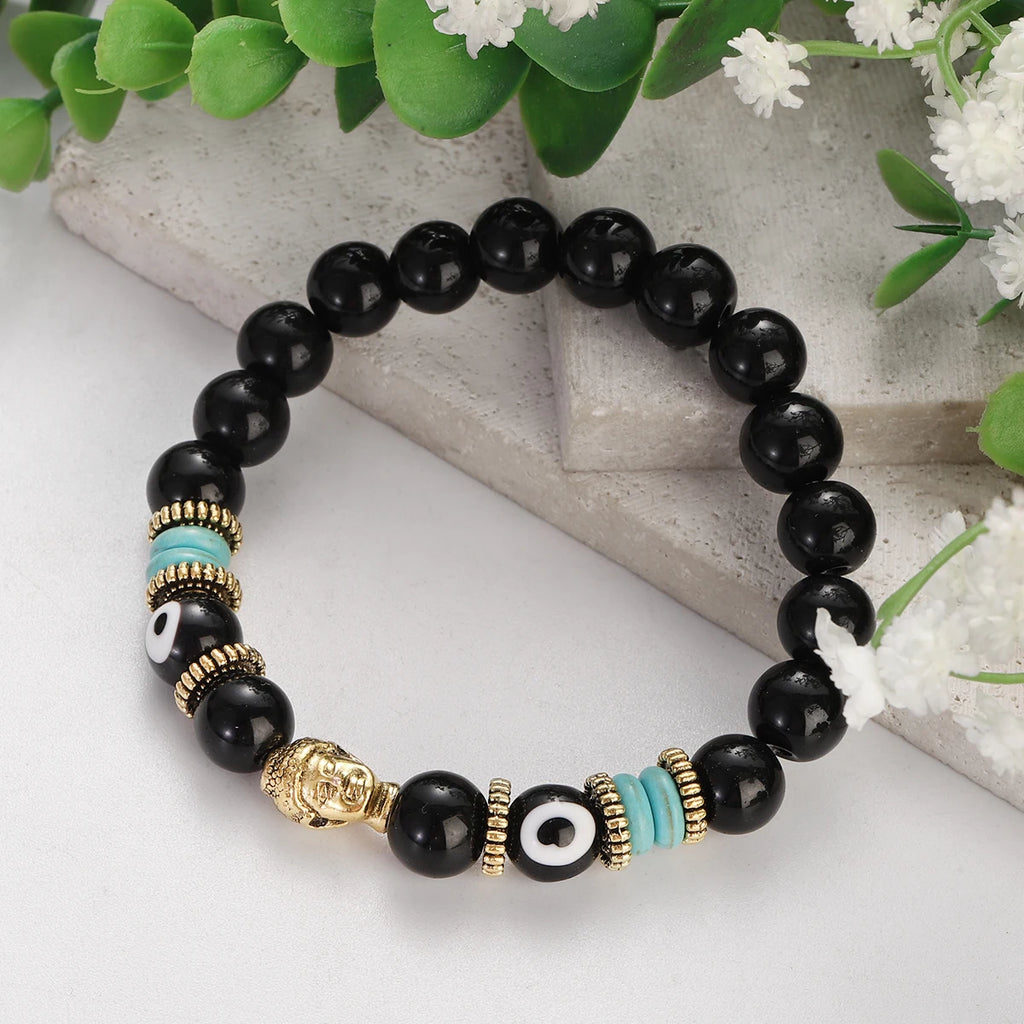 Classic Buddha&Evil Eye Bracelet Women Men 10mm Round Turquoises Blue Stone Bangles Handmade Elastic Yoga Bracelet