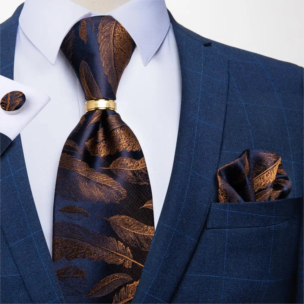 Men's Tie Handkerchief Cuffink Necktie Set Jacquard Woven Silk Blue Wedding Formal Business Party Necktie Ring Set DiBanGu