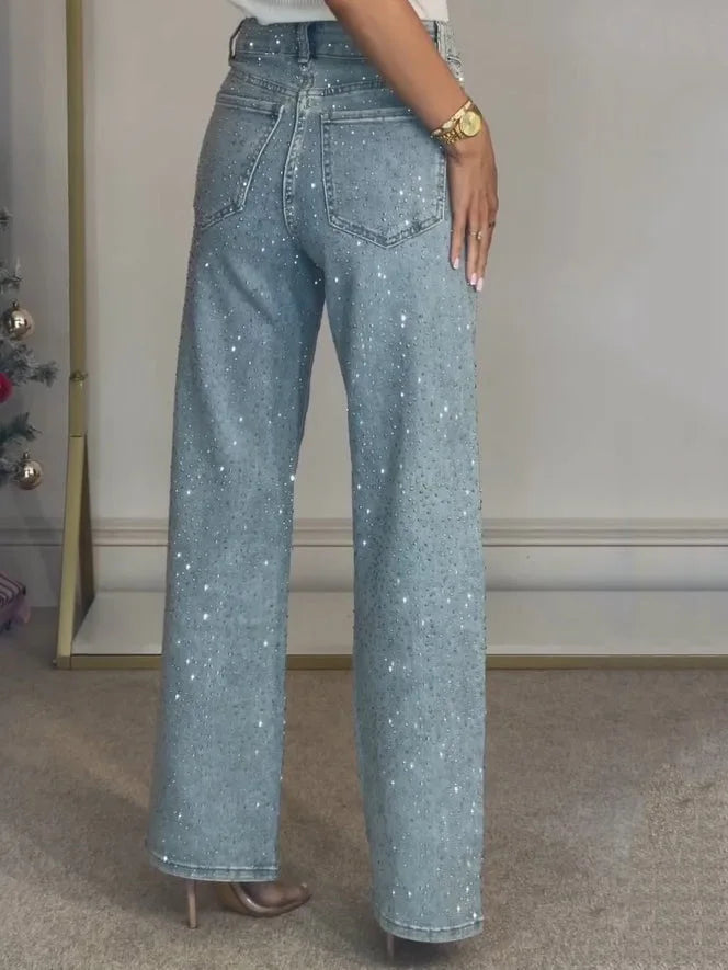 Straight Jeans for Women Diamonds Pants Stretch High Waist Washed Distressed Pockets Vintage Denims Streetwear Female Trousers