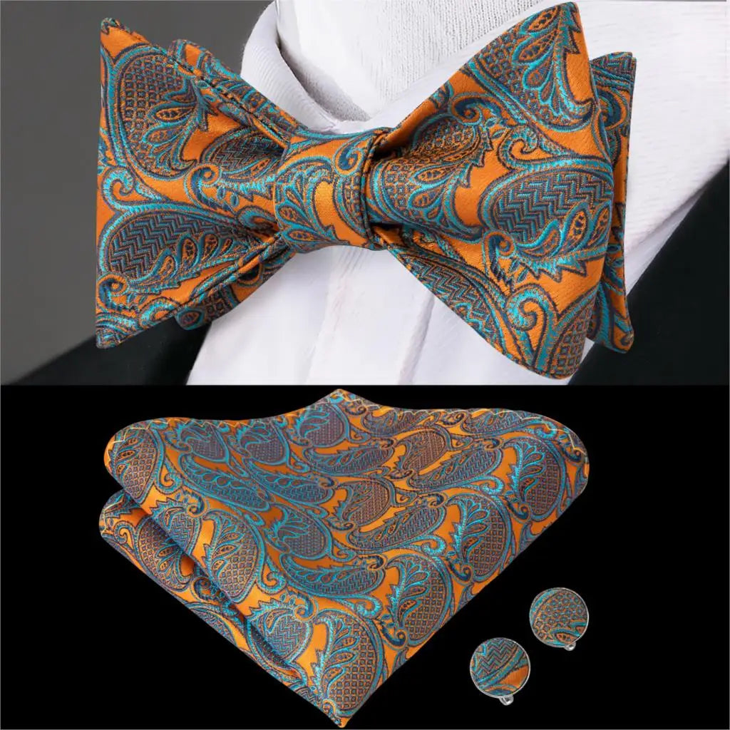 Hi-Tie Adjustable Butterfly Self Bow Tie for mens 100% Silk Floral Paisley Male Classic Wedding Party Golden Red Bow Tie Set