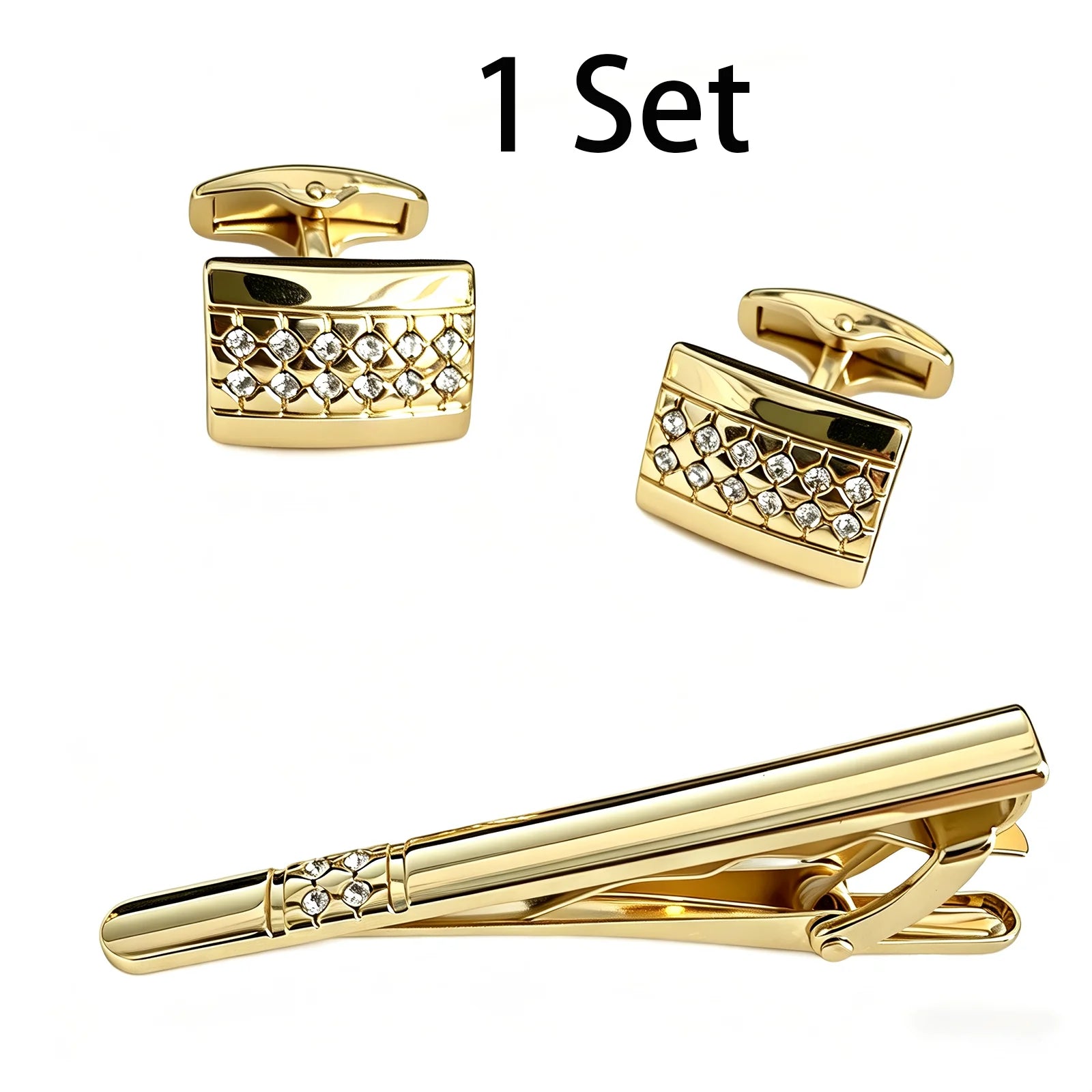 Cufflinks and Tie Clip Set for Men – Gold/Silver Rectangular Cuff Links with 2.36" Tie Bar, Ideal for Wedding, Father's Day