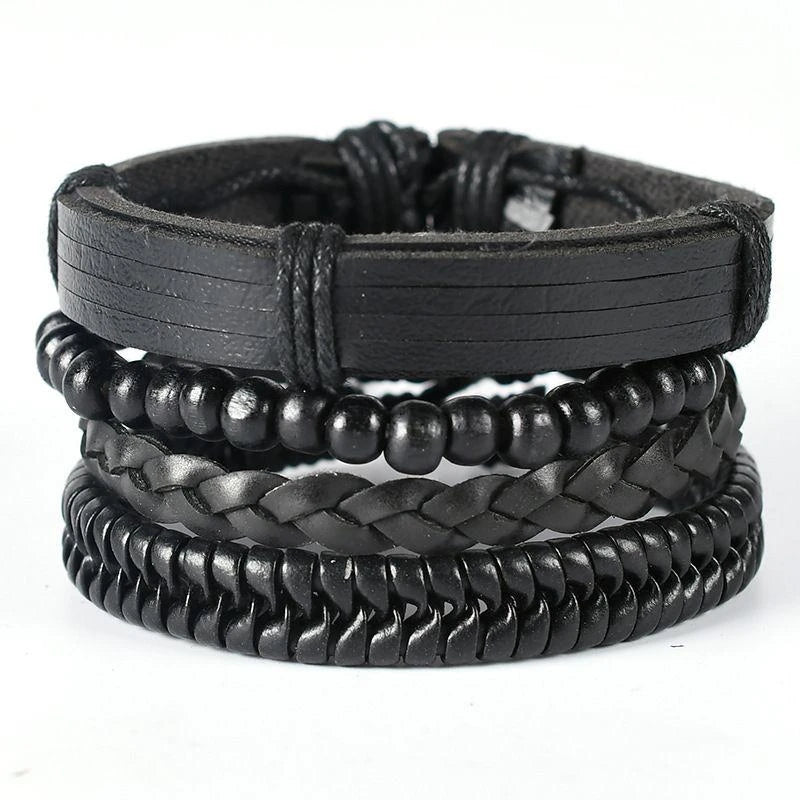 4Pcs/ Set Braided Wrap Leather Bracelets For Men Vintage Life Tree Rudder Charm Wood Beads Ethnic Tribal Wristbands